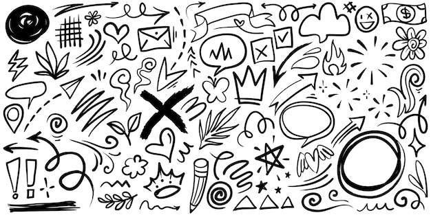 Conjunto de doodles de expresión dibujada a mano signo de dibujos animados curva de doodle flechas direccionales efectos de emoticones elementos de diseño personajes de dibujes animados símbolos de emoción líneas de pincel decorativas lindas