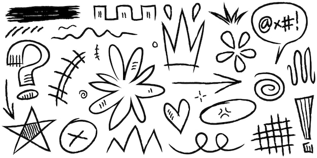 Conjunto de doodles de expresión dibujada a mano signo de dibujos animados curva de doodle flechas direccionales efectos de emoticones elementos de diseño personajes de dibujes animados símbolos de emoción líneas de pincel decorativas lindas