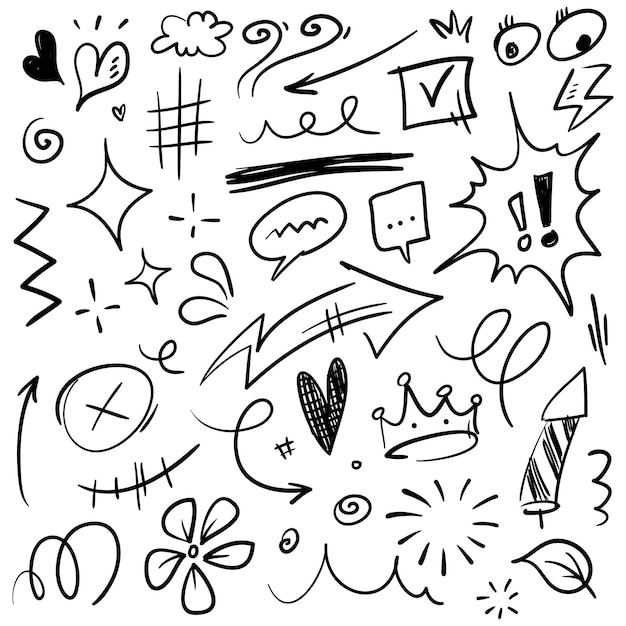 Conjunto de doodles de expresión dibujada a mano signo de dibujos animados curva de doodle flechas direccionales efectos de emoticones elementos de diseño personajes de dibujes animados símbolos de emoción líneas de pincel decorativas lindas