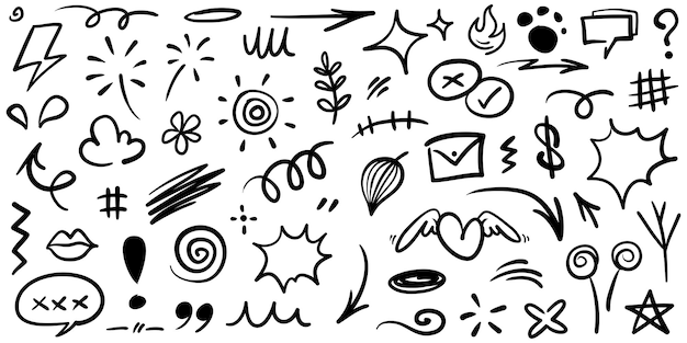 Conjunto de doodles de expresión dibujada a mano signo de dibujos animados curva de doodle flechas direccionales efectos de emoticones elementos de diseño personajes de dibujes animados símbolos de emoción líneas de pincel decorativas lindas