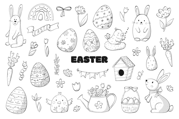 Vector conjunto de doodles monocromáticos de pascua elementos de dibujos animados de clip art para impresiones tarjetas de páginas para colorear