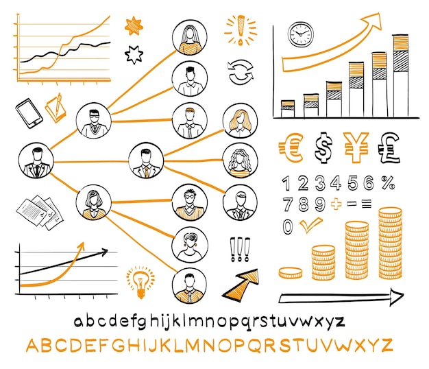 Conjunto de doodles de negocios Iconos de boceto dibujados a mano Equipo de negocios Letras dibujadas a mano del alfabeto y números