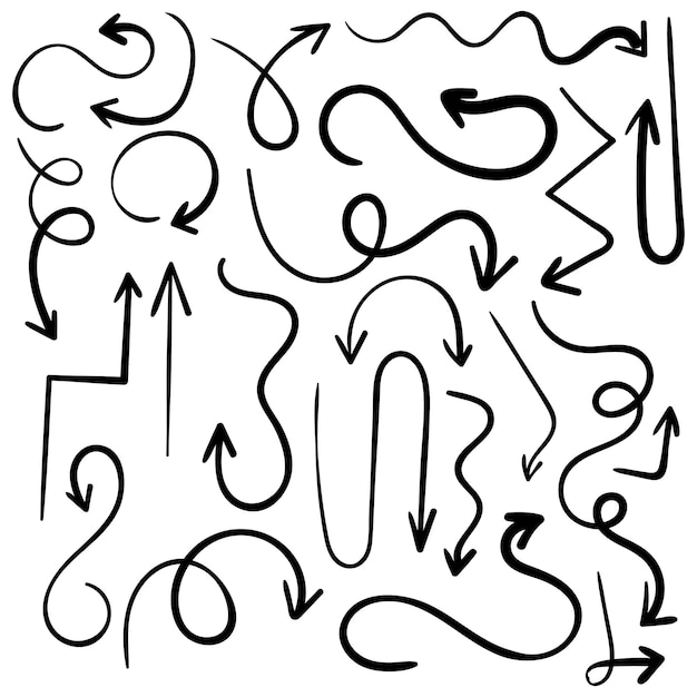 Conjunto de doodles de objetos de dibujo a lápiz dibujados a mano flechas de grunge abstractas