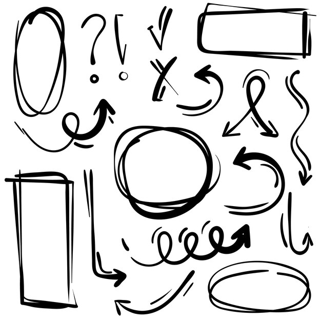 Conjunto de doodles de objetos de dibujo a lápiz dibujados a mano flechas de grunge abstractas