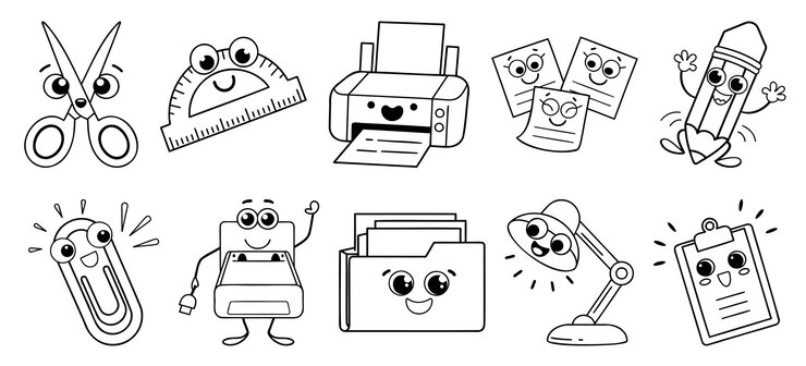 Vector conjunto de doodles de suministros de oficina con papelería sonriente