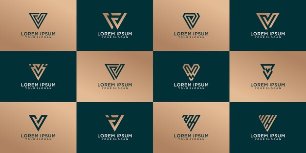 Conjunto dorado de diseño creativo de letra V para empresas