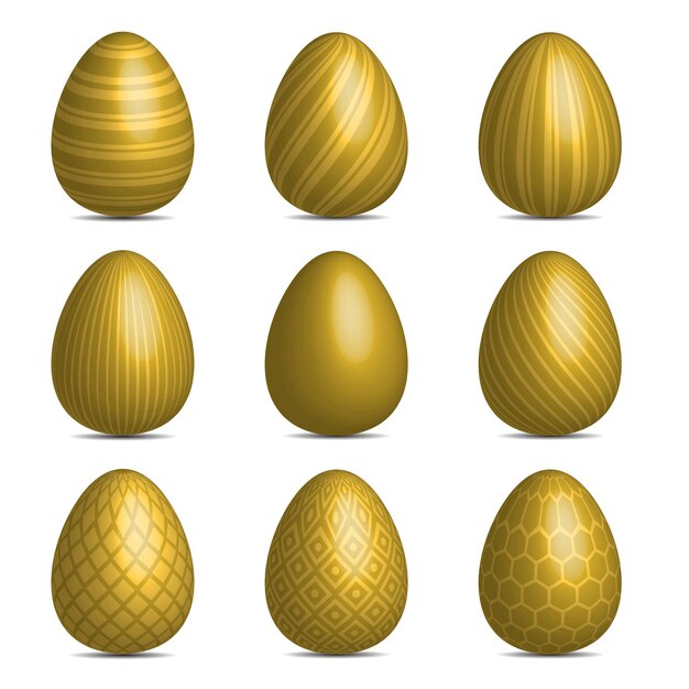 conjunto, de, dorado, huevos de pascua, símbolo, con, diferente, textura, feliz, pascua, día, vector, ilustración