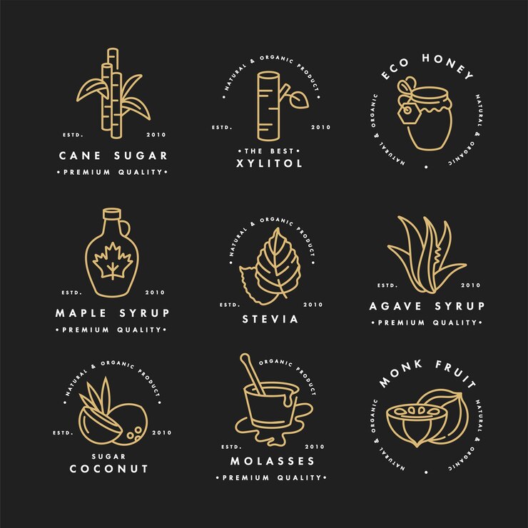 conjunto dorado de logotipos, insignias e iconos para productos naturales y orgánicos. Símbolo de colección de productos saludables y alternativas de azúcar, sustitutos naturales.