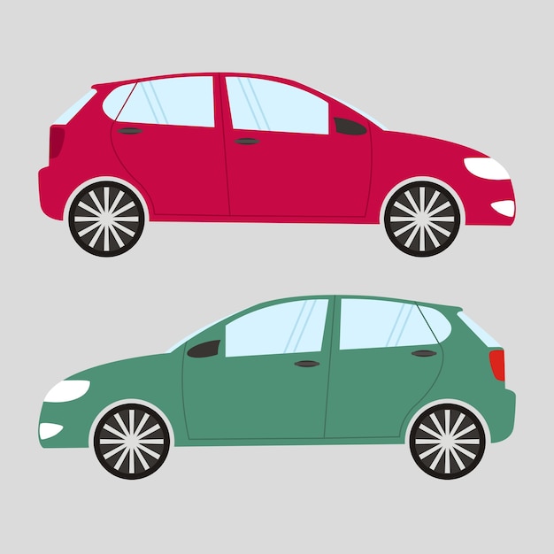Conjunto de dos autos aislados en estilo plano Coche rojo y verde
