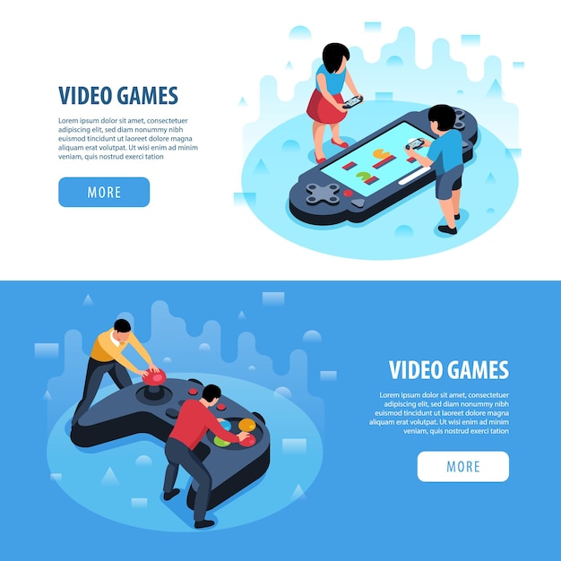 Conjunto de dos banners horizontales de videojuegos isométricos con personas y joystick