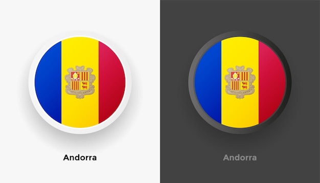 Conjunto de dos botones de bandera de Andorra redondeados metálicos con fondo blanco y negro