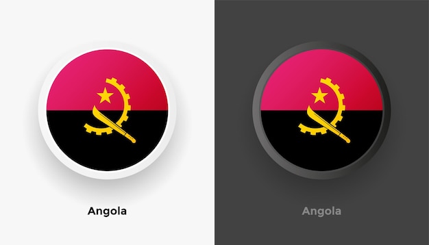 Conjunto de dos botones de bandera de angola redondeados metálicos con fondo blanco y negro