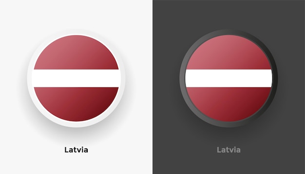 Conjunto de dos botones de bandera de letonia redondeados metálicos con fondo blanco y negro