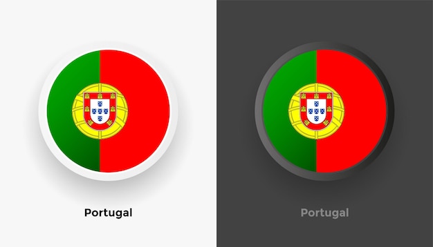 Vector conjunto de dos botones de bandera de portugal redondeados metálicos con fondo blanco y negro