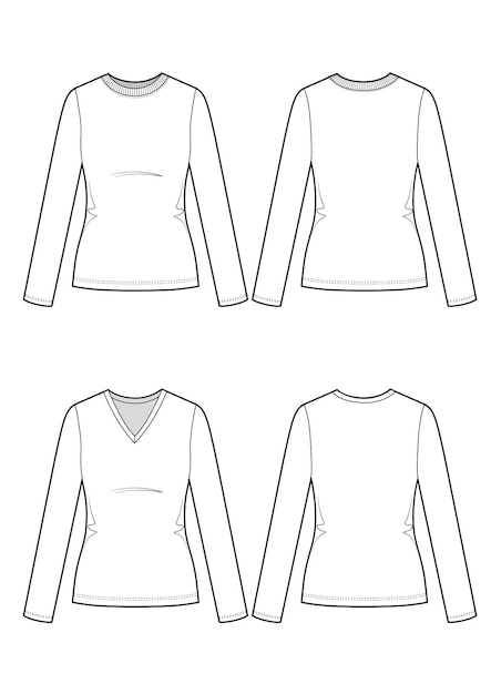 Conjunto de dos camisetas de manga larga para mujer. Bosquejo del vector de moda