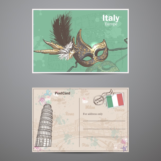 Vector un conjunto de dos caras de una postal sobre el tema de italia