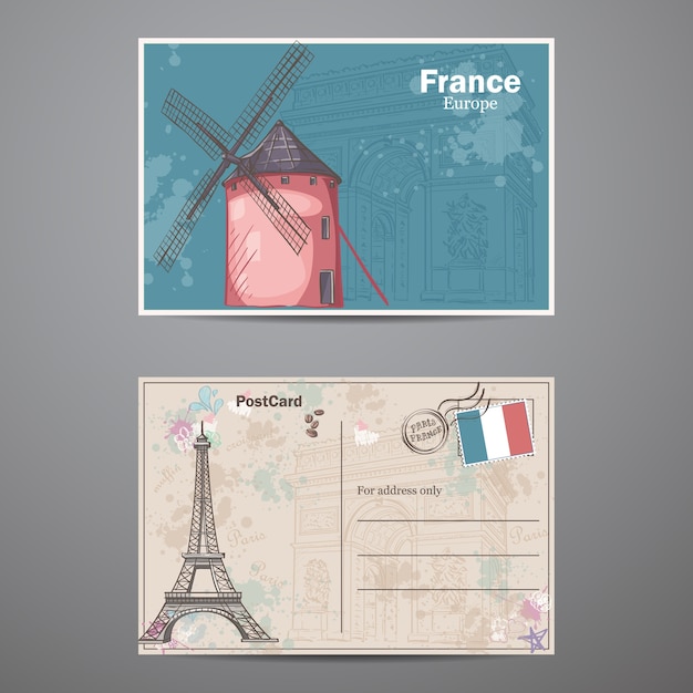 Vector un conjunto de dos caras de una postal sobre el tema de parís en francia. postal 2