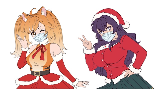 Vector conjunto de dos chicas de anime con máscara médica y disfraz de navidad.
