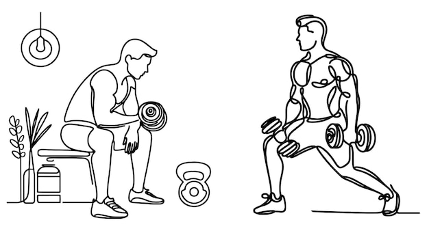 Vector conjunto de dos figuras de un hombre con pesas fitness