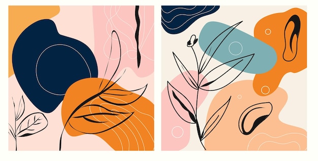 Conjunto de dos hojas de naturaleza de banner de marco contemporáneo abstracto para estampados textiles y fondo