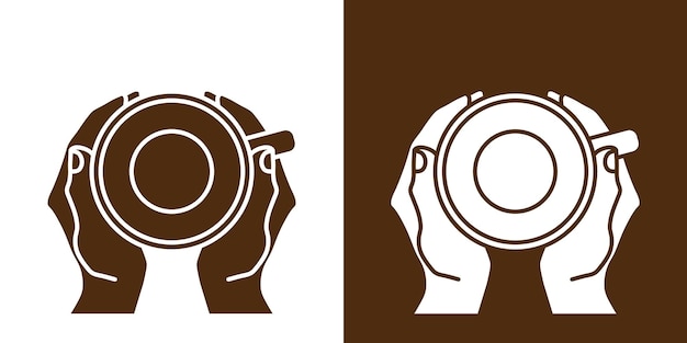 Vector conjunto de dos iconos inundados de color. manos sosteniendo una vista superior de la taza. versión marrón y blanca. té, café, cacao, chocolate caliente.