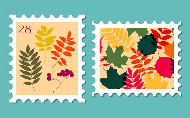 Conjunto de dos ilustraciones de sellos postales Variedad de sellos aislados vectoriales modernos Concepto vintage de otoño