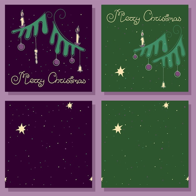 Conjunto de dos ilustraciones de vectores de garabatos de color navideño con letras y dos patrones sin fisuras
