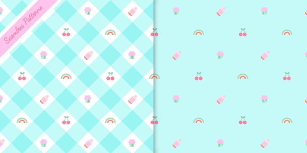 Conjunto de dos lindos patrones sin fisuras kawaii vector premium