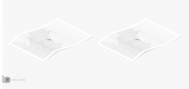 Conjunto de dos mapas realistas de delaware con sombra la bandera y el mapa de delaware en estilo isométrico