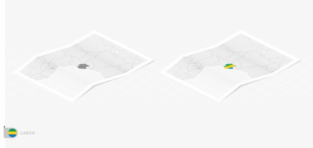 Conjunto de dos mapas realistas de Gabón con sombra La bandera y el mapa de Gabón en estilo isométrico