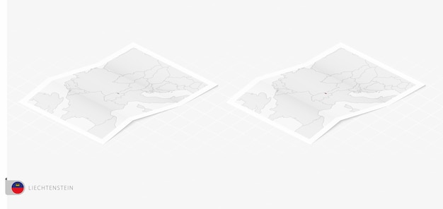 Conjunto de dos mapas realistas de liechtenstein con sombra la bandera y el mapa de liechtenstein en estilo isométrico