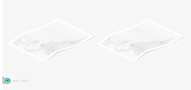 Conjunto de dos mapas realistas de Santa Lucía con sombra La bandera y el mapa de Santa Lucía en estilo isométrico