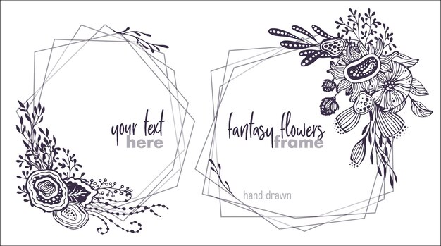 Conjunto de dos marcos florales vectoriales en blanco y negro con ramos de flores, plantas y ramas de fantasía dibujadas a mano. Hermosa plantilla para invitaciones, tarjetas de felicitación.