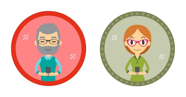 Conjunto de dos personajes de estilo Hipster toman un selfie en el espejo con Smartphone. Ilustración de diseño plano vectorial en el círculo aislado en el fondo. Hombre y mujer.