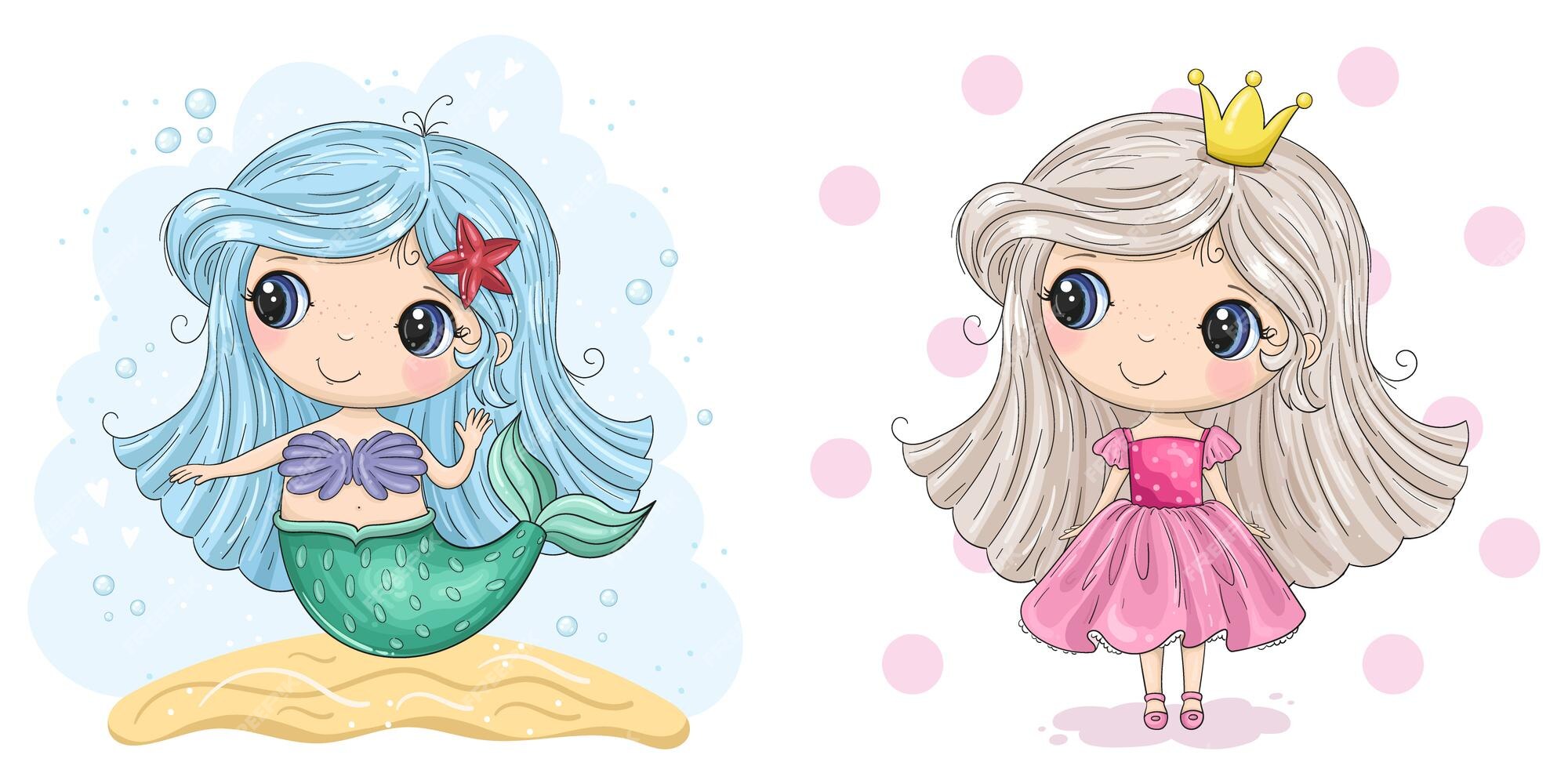 Conjunto de dos personajes princesa y sirena. | Vector Premium