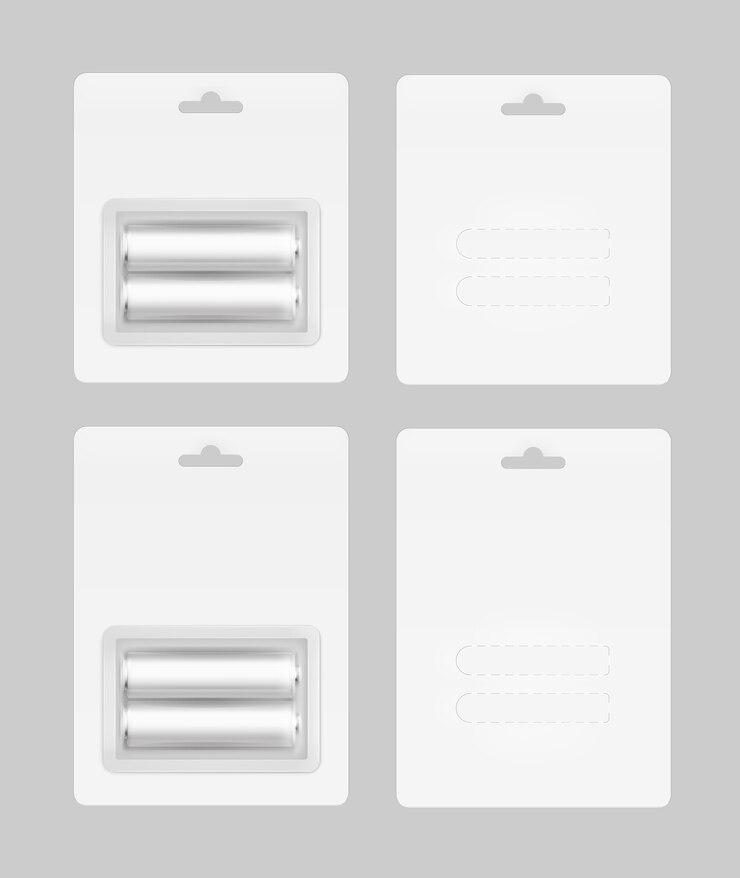 Vector conjunto de dos pilas aa alcalinas de color blanco plateado gris brillante en blíster blanco embaladas para branding cerrar aislado sobre fondo