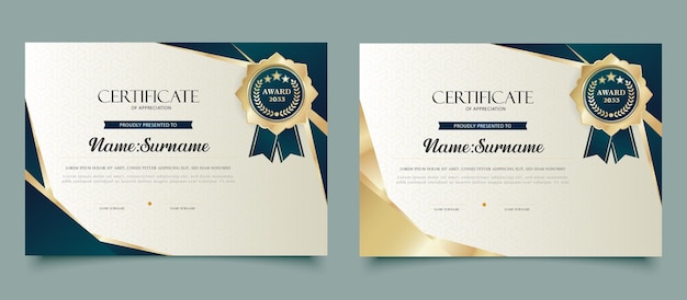 Un conjunto de dos plantillas de certificado con una cinta dorada y una cinta azul.