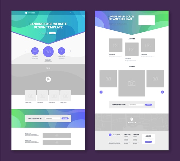 Conjunto de dos plantillas de diseño de sitios web con diseño simple galería artículos video mapa formulario de contacto plano aislado