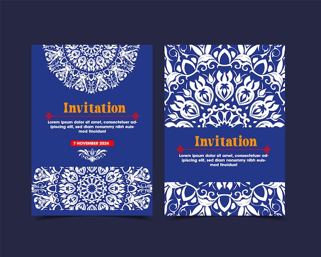 Un conjunto de dos tarjetas de boda con un patrón de mandala floral en la portada