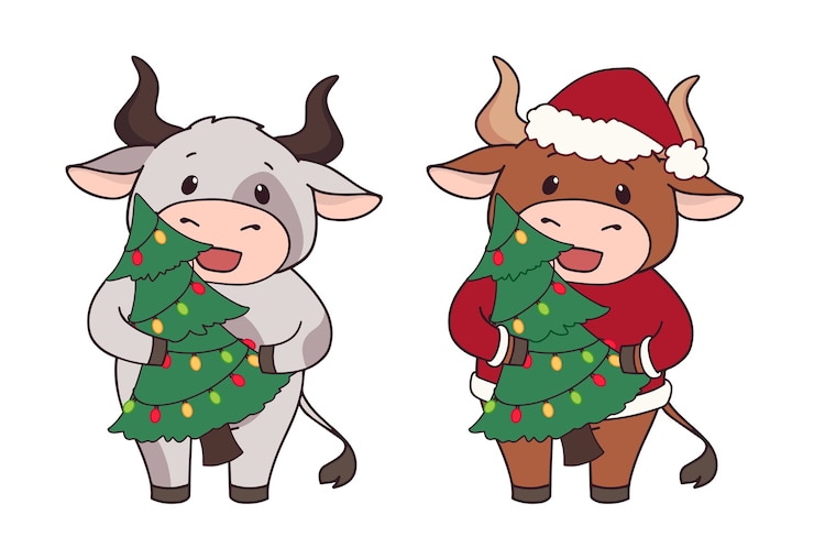 Vector conjunto de dos vacas de dibujos animados con traje de navidad y árbol de explotación.