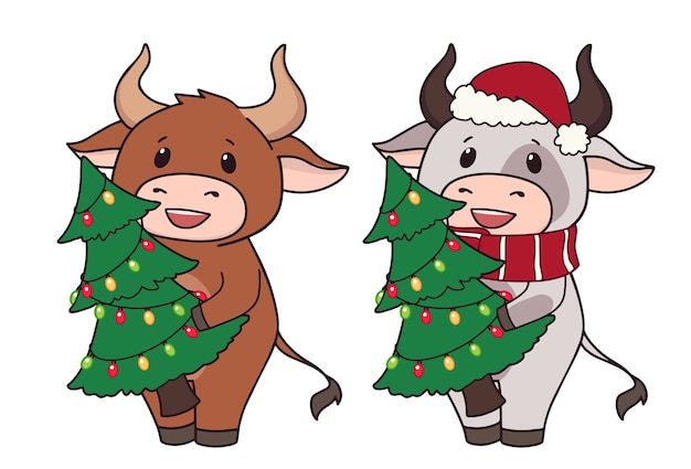 Conjunto de dos vacas de dibujos animados con traje de navidad y árbol de explotación.