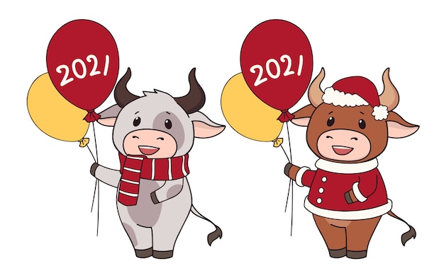 Conjunto de dos vacas de dibujos animados con traje de navidad y sosteniendo globos.