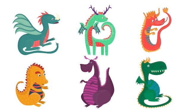 Conjunto de dragones de dibujos animados morados verdes y naranjas con cuernos y alas Ilustración vectorial