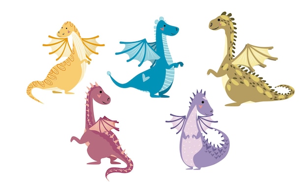 Conjunto de dragones de dibujos animados multicolores brillantes en diferentes poses Lindos dragones con alas y patrones