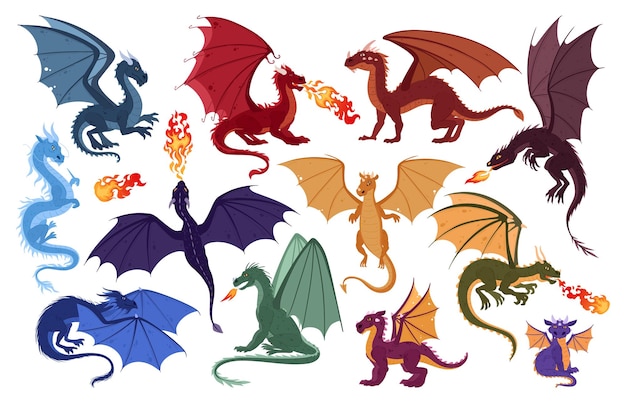 Vector conjunto de dragones de dibujos animados reptiles de fantasía voladores dragones con alas mágicas que respiran fuego conjunto de ilustraciones vectoriales planas colección de monstruos de dragones de hadas