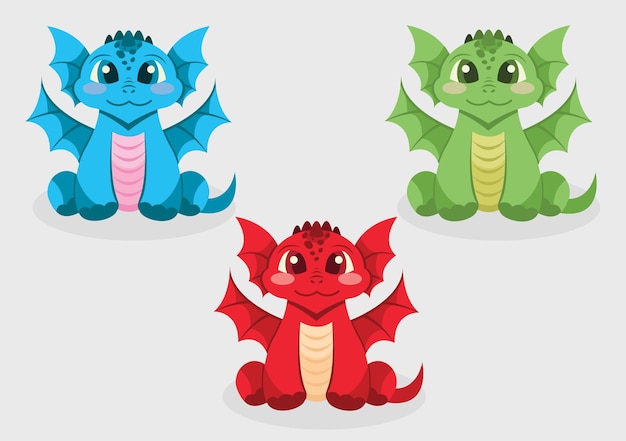 Vector conjunto de dragones lindos de diferentes colores azul rojo verde símbolo de 2024 vector de personajes de dibujos animados