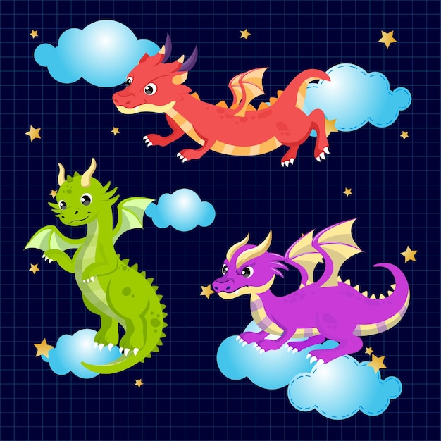 Conjunto de dragones lindos sobre un fondo azul Estilo de dibujos animados Ilustración vectorial