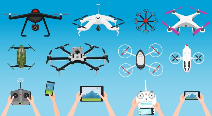 Vector conjunto de drones aéreos modernos y control remoto ciencia y tecnologías modernas ilustración vectorial robot de radio o avión con una cámara en el aire sistemas y desarrollos innovadores