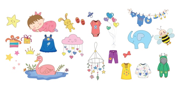 Conjunto de ducha para bebés con elementos de archivo vectorial