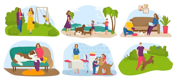 Conjunto de dueño de perro, ilustración vectorial. Personaje de dibujos animados hombre mujer caminar con mascota cachorro en el parque, juego familiar con animales domésticos en la playa, colección. Los niños se preocupan por un amigo, descansan en casa.